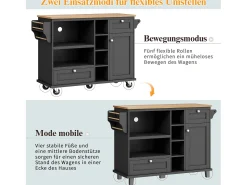 Carrito de cocina móvil negro moderno y sencillo con estantes y cajones, encimera de madera clara (129 x 46 x 92 cm)