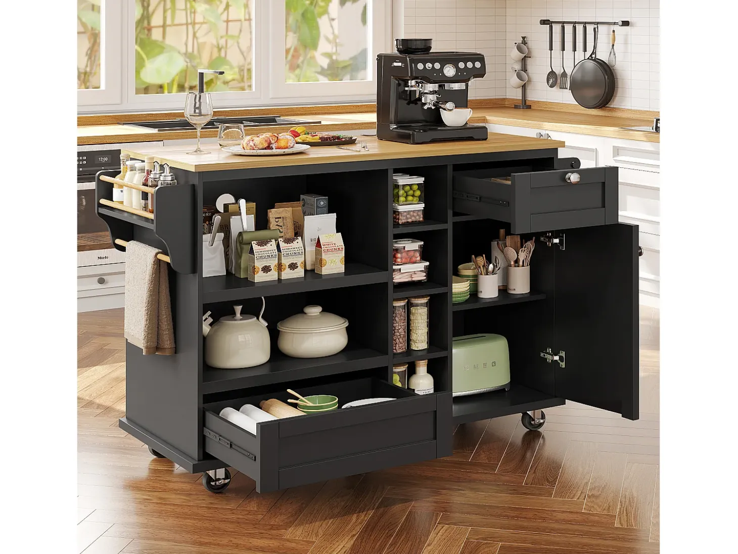 Carrito de cocina móvil negro moderno y sencillo con estantes y cajones, encimera de madera clara (129 x 46 x 92 cm)