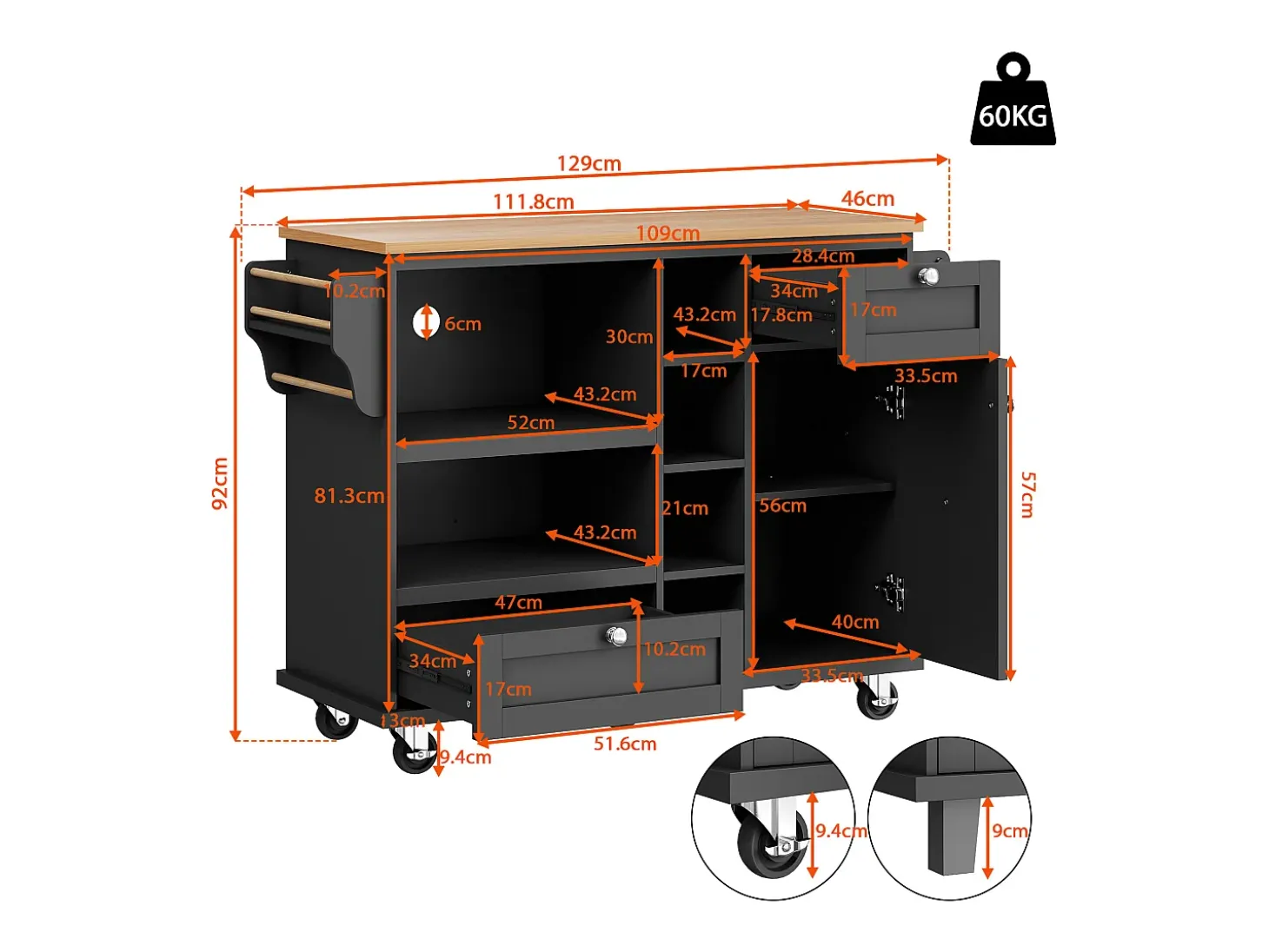 Carrito de cocina móvil negro moderno y sencillo con estantes y cajones, encimera de madera clara (129 x 46 x 92 cm)