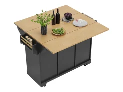 Carrito de cocina negro con tapa abatible - Isla central con 2 puertas y 3 cajones - Toallero y especiero