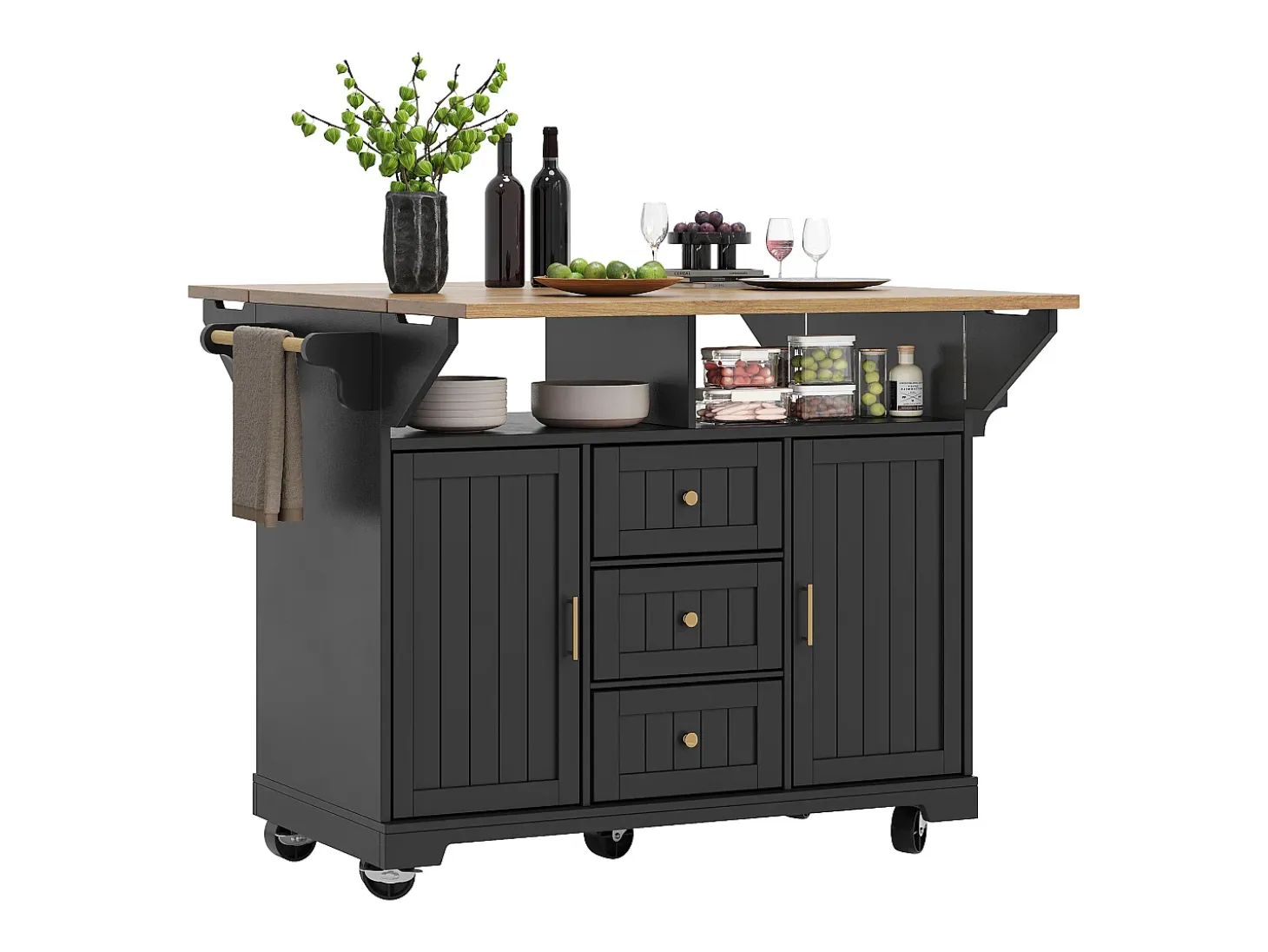 Carrito de cocina negro con tapa abatible - Isla central con 2 puertas y 3 cajones - Toallero y especiero