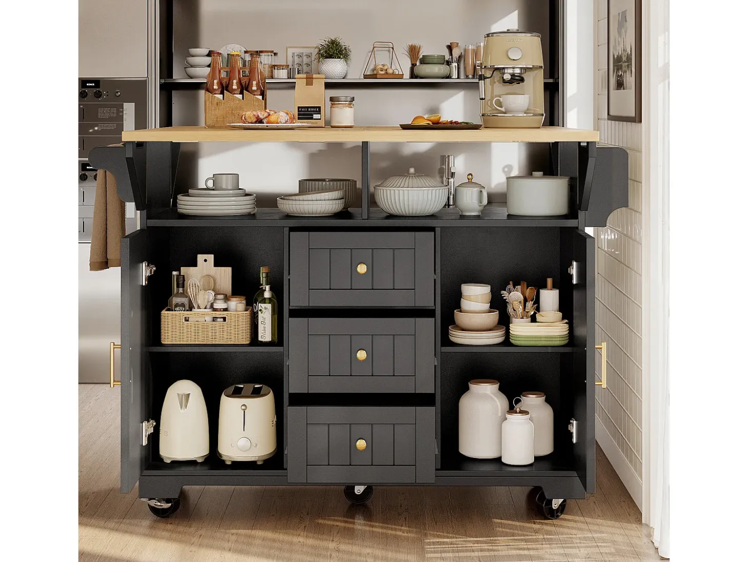 Carrito de cocina negro con tapa abatible - Isla central con 2 puertas y 3 cajones - Toallero y especiero
