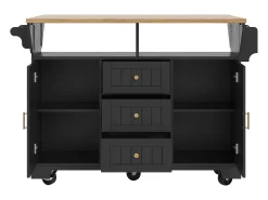 Carrito de cocina negro con tapa abatible - Isla central con 2 puertas y 3 cajones - Toallero y especiero