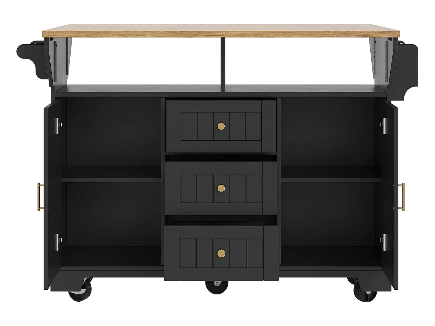 Carrito de cocina negro con 2 puertas, 3 cajones y toallero, especiero, bandeja extensible