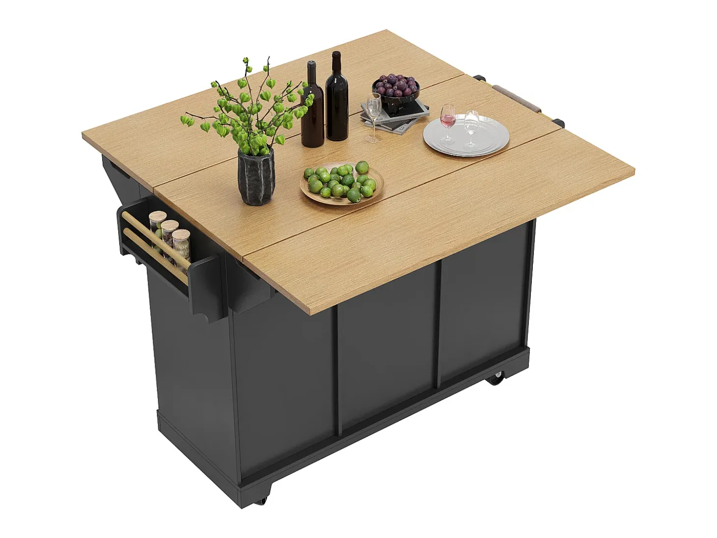 Carrito de cocina negro con 2 puertas, 3 cajones y toallero, especiero, bandeja extensible