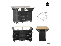 Carrito de cocina negro con 2 puertas, 3 cajones y toallero, especiero, bandeja extensible