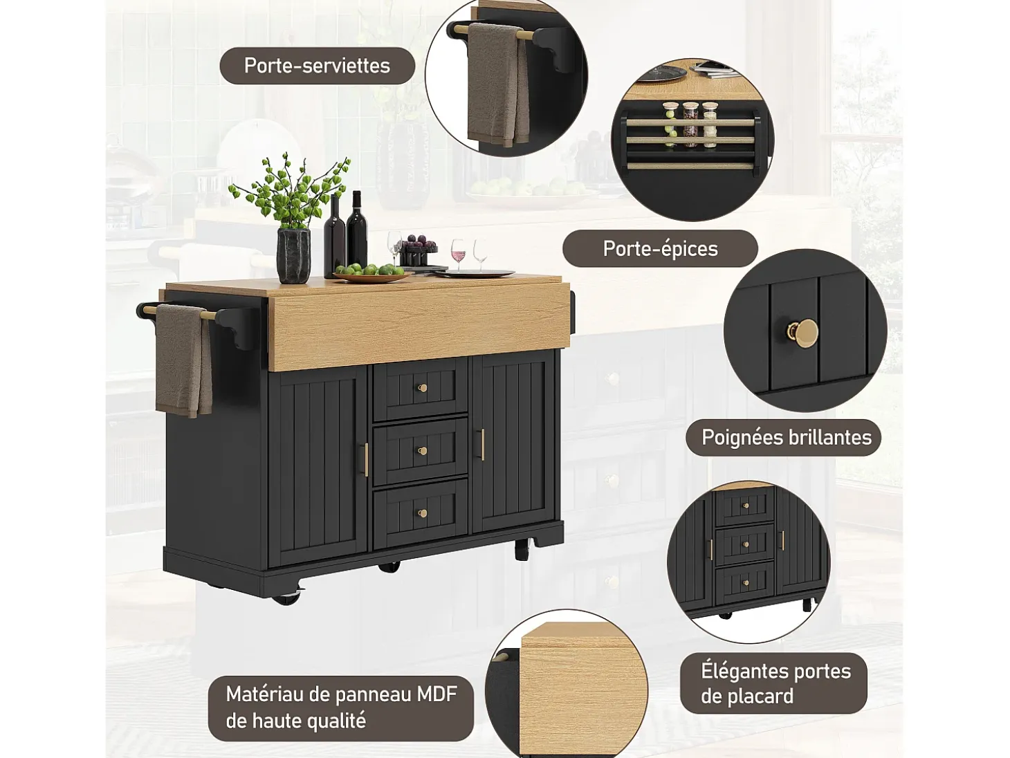 Carrito de cocina negro con 2 puertas, 3 cajones y toallero, especiero, bandeja extensible