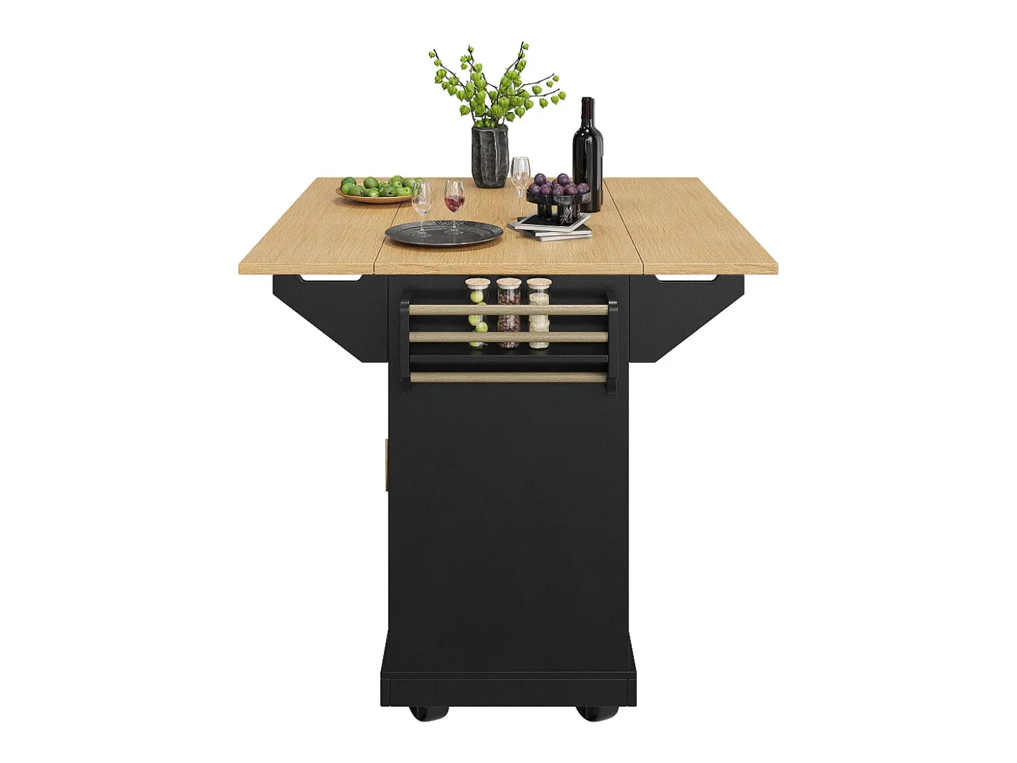 Carrito de cocina negro con 2 puertas, 3 cajones y toallero, especiero, bandeja extensible