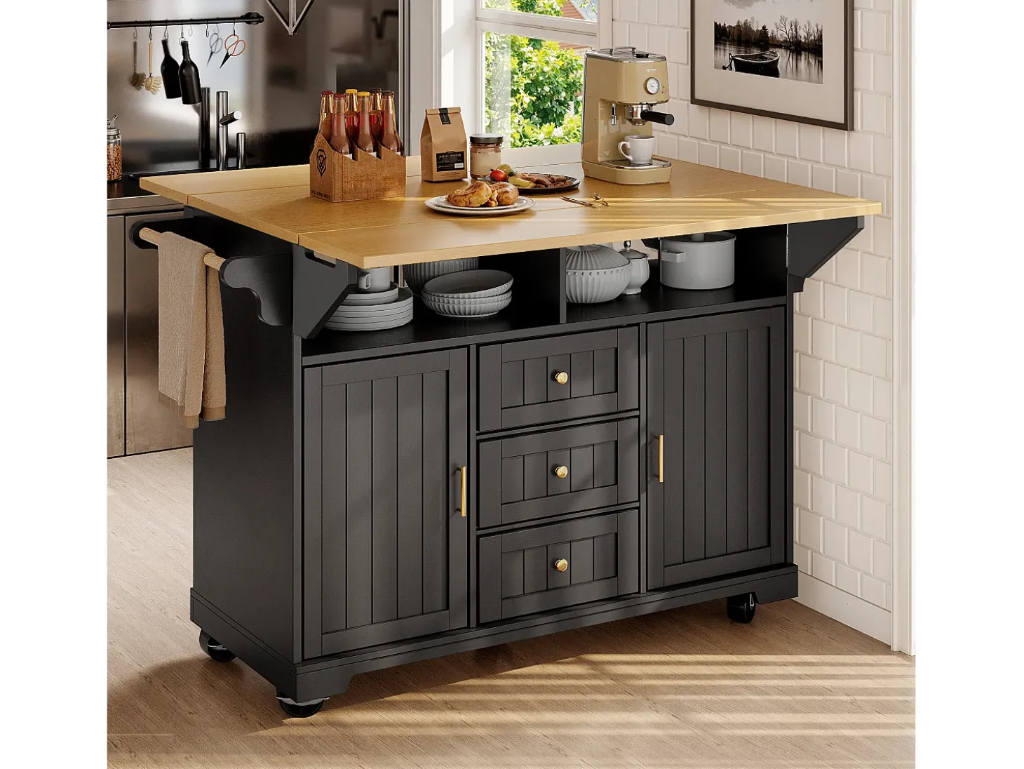 Carrito de cocina negro con 2 puertas, 3 cajones y toallero, especiero, bandeja extensible
