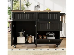 Carrito de cocina negro con encimera plegable de imitación madera y espacio de almacenamiento - para salas de estar y cocinas