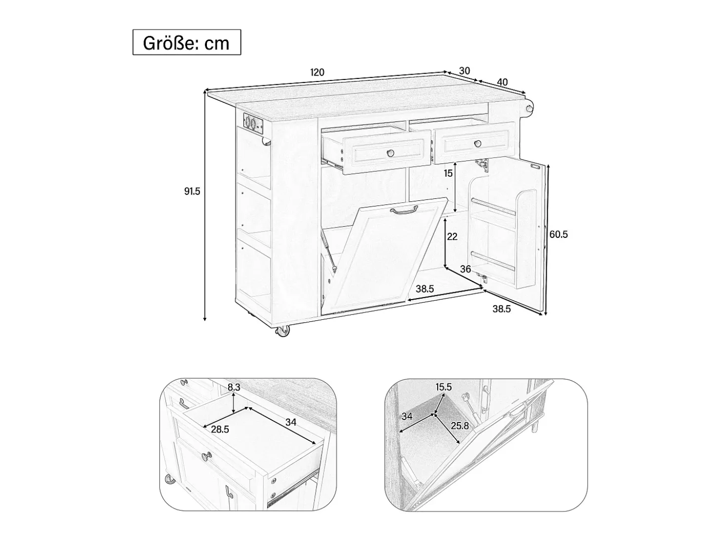 Carrito de cocina 100x40x91,5 con mesa de comedor extensible, papeleras y toallero en color blanco para cocina y comedor
