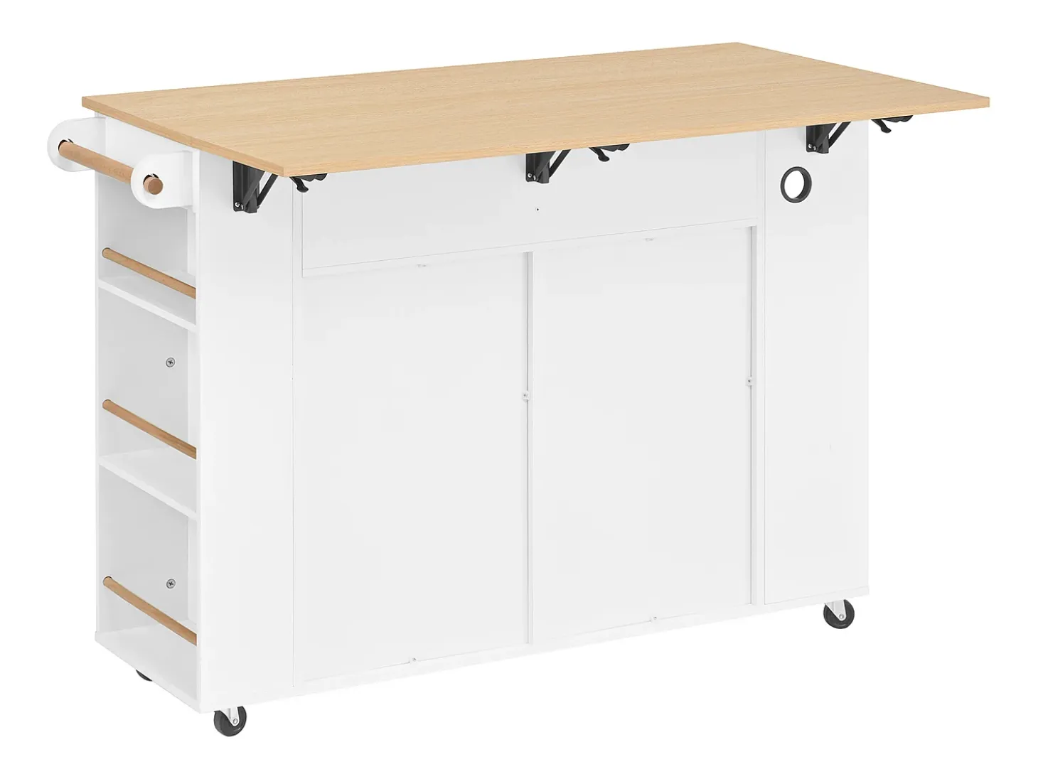 Carrito de cocina 100x40x91,5 con mesa de comedor extensible, papeleras y toallero en color blanco para cocina y comedor