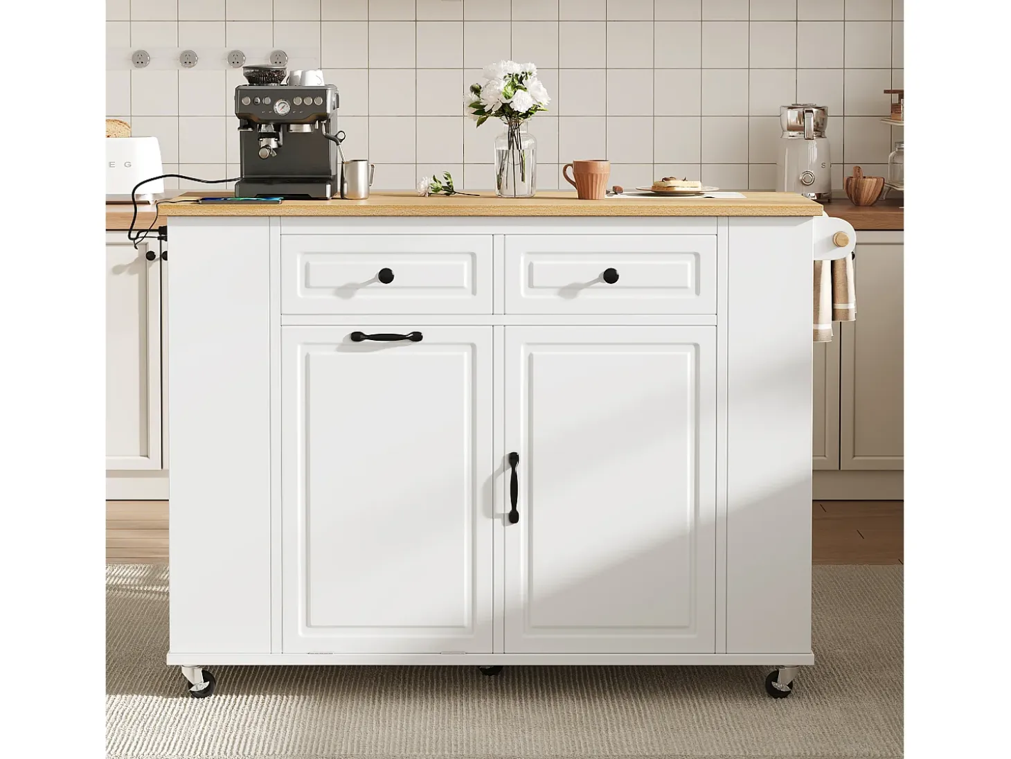 Carrito de cocina 100x40x91,5 con mesa de comedor extensible, papeleras y toallero en color blanco para cocina y comedor