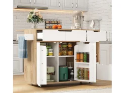 Carrito de cocina 120x46x85cm con ruedas giratorias 360°, cajones, puertas de armario y compartimentos abiertos en color blanco para cocina y salón