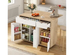 Carrito de cocina 120x46x85cm con ruedas giratorias 360°, cajones, puertas de armario y compartimentos abiertos en color blanco para cocina y salón