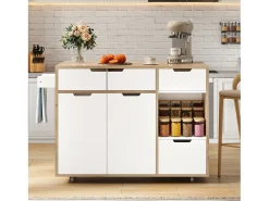 Carrito de cocina 120x46x85cm con ruedas giratorias 360°, cajones, puertas de armario y compartimentos abiertos en color blanco para cocina y salón