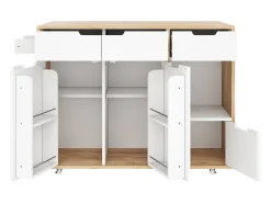 Carrito de cocina 120x46x85cm con ruedas giratorias 360°, cajones, puertas de armario y compartimentos abiertos en color blanco para cocina y salón