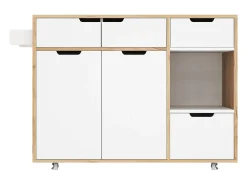 Carrito de cocina 120x46x85cm con ruedas giratorias 360°, cajones, puertas de armario y compartimentos abiertos en color blanco para cocina y salón