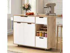 Carrito de cocina 120x46x85cm con ruedas giratorias 360°, cajones, puertas de armario y compartimentos abiertos en color blanco para cocina y salón