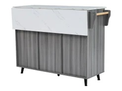 Carrito de comedor/aparador blanco y gris caqui con tapa plegable, 5 ruedas, espacio de almacenamiento y 2 cajones