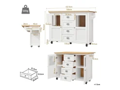 Carrito de servicio blanco - Carrito de servicio con 4 cajones y 2 puertas - Bandeja retráctil y especiero - para comedores y cocinas