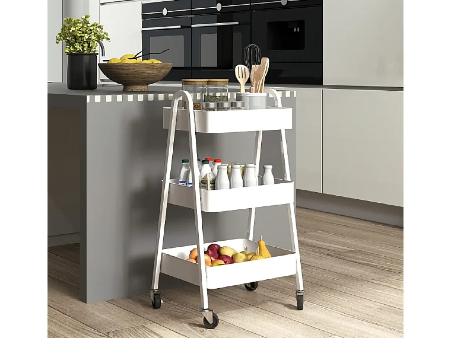 Carrito de servicio con 3 estantes, ruedas, metal, blanco (42,4x29,8x74,5 cm)
