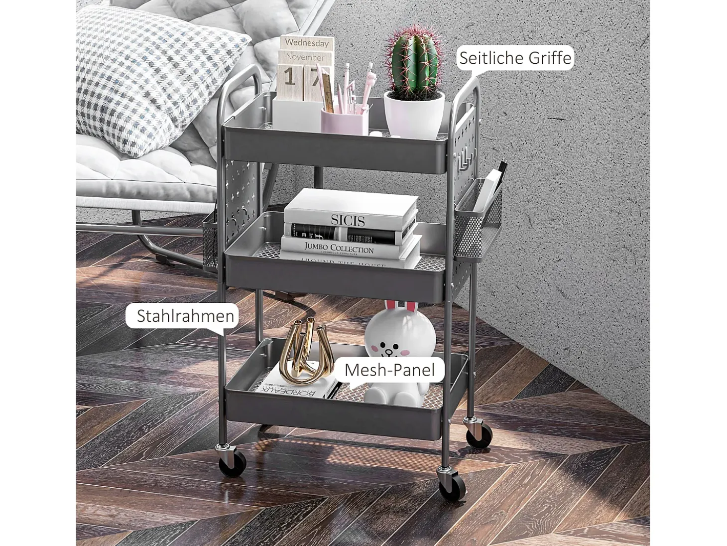 Carrito de servicio de 3 niveles con 2 cestas colgantes, acero, gris oscuro (53,5x30,5x75 cm)
