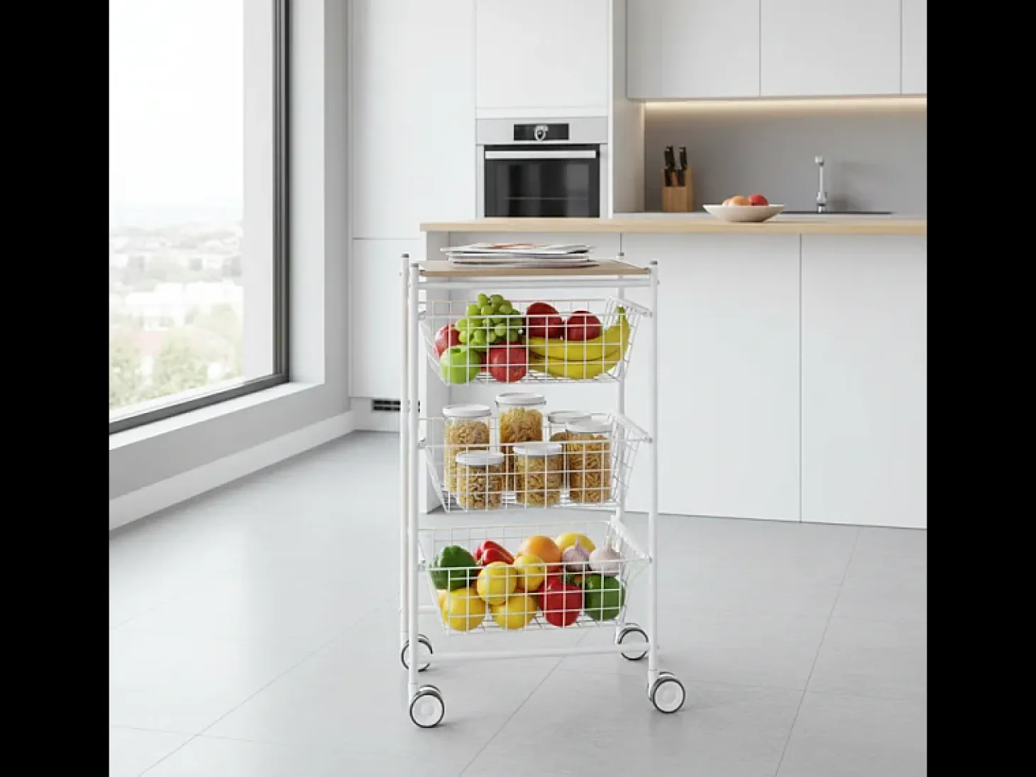 Carrito verdulero con 3 cestas extraíbles grandes- Blanco-Haya - 81*43,7*32,5 cm - AXO