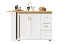 Carro de bar extensible con 2 puertas y 3 cajones, con ruedas, mostrador exterior de madera, blanco