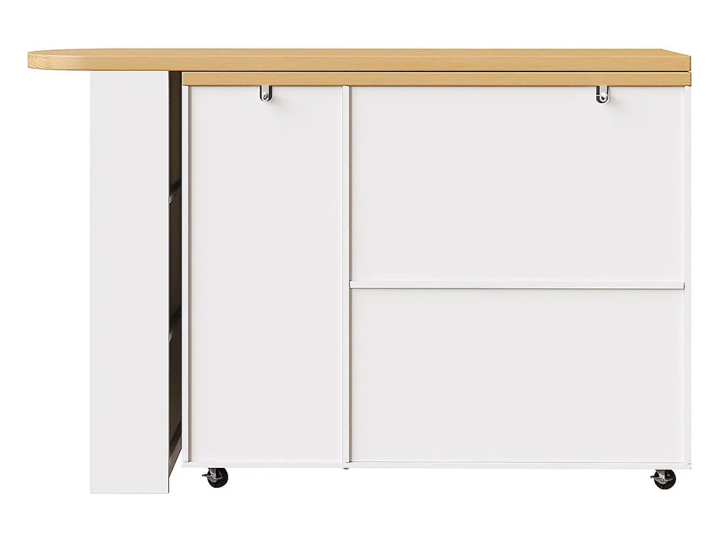 Carro de bar extensible con 2 puertas y 3 cajones, con ruedas, mostrador exterior de madera, blanco
