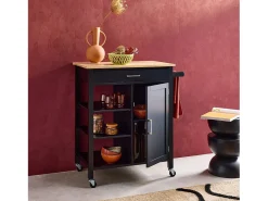 Carro de cocina con bandeja de madera de pino negro