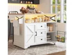 Carro de cocina con mesa plegable e iluminación LED, soporte para aperitivos, mesa de comedor con espacio de almacenamiento, blanco