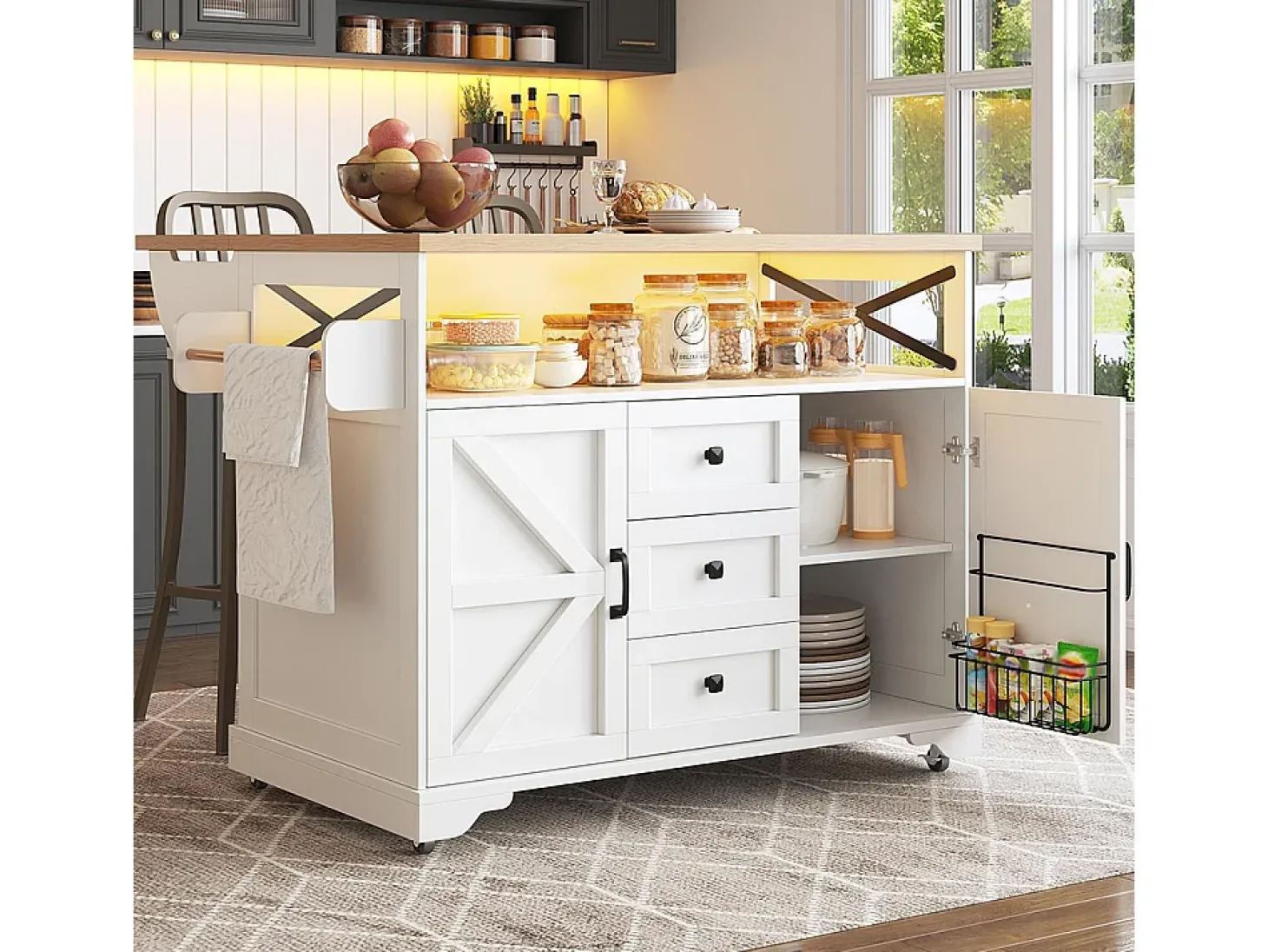 Carro de cocina con mesa plegable e iluminación LED, soporte para aperitivos, mesa de comedor con espacio de almacenamiento, blanco