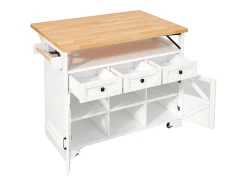 Carro de cocina multifuncional con aplicación LED y mesa plegable, móvil con tres cajones y dos puertas de armario, blanco