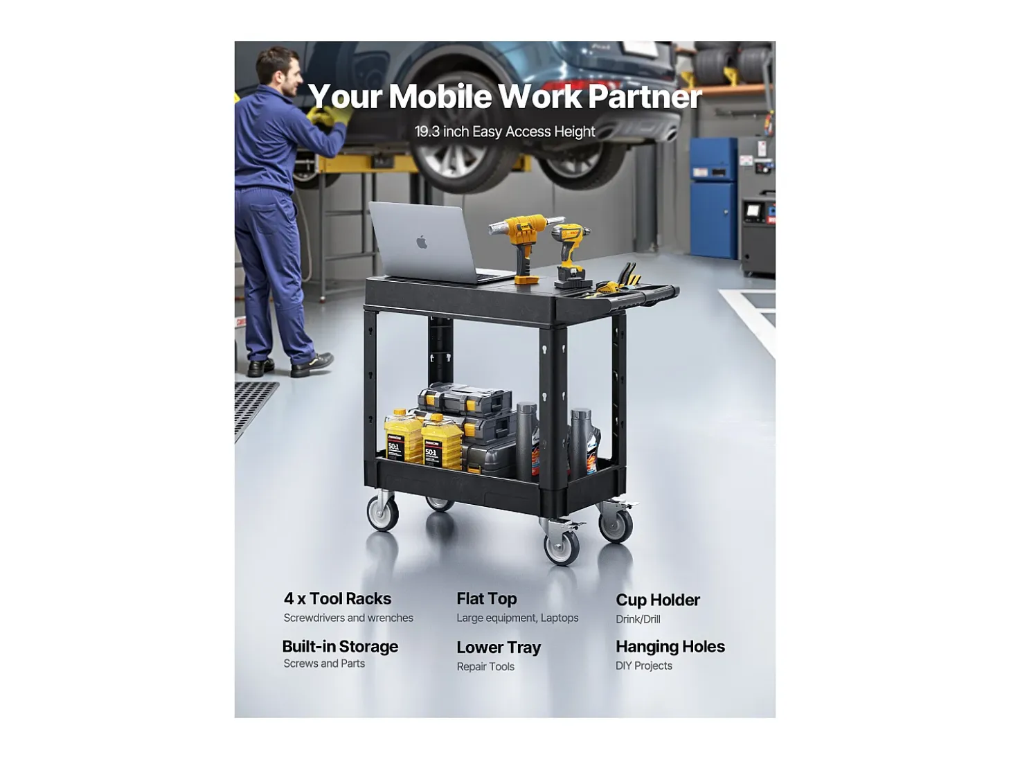 Carro de Servicio SucceBuy Carro Utilitario con Ruedas de Plástico Resistente de 2 Niveles con Ruedas Giratorias de 360° (2 con Frenos), 1015 x 450 x 850 mm