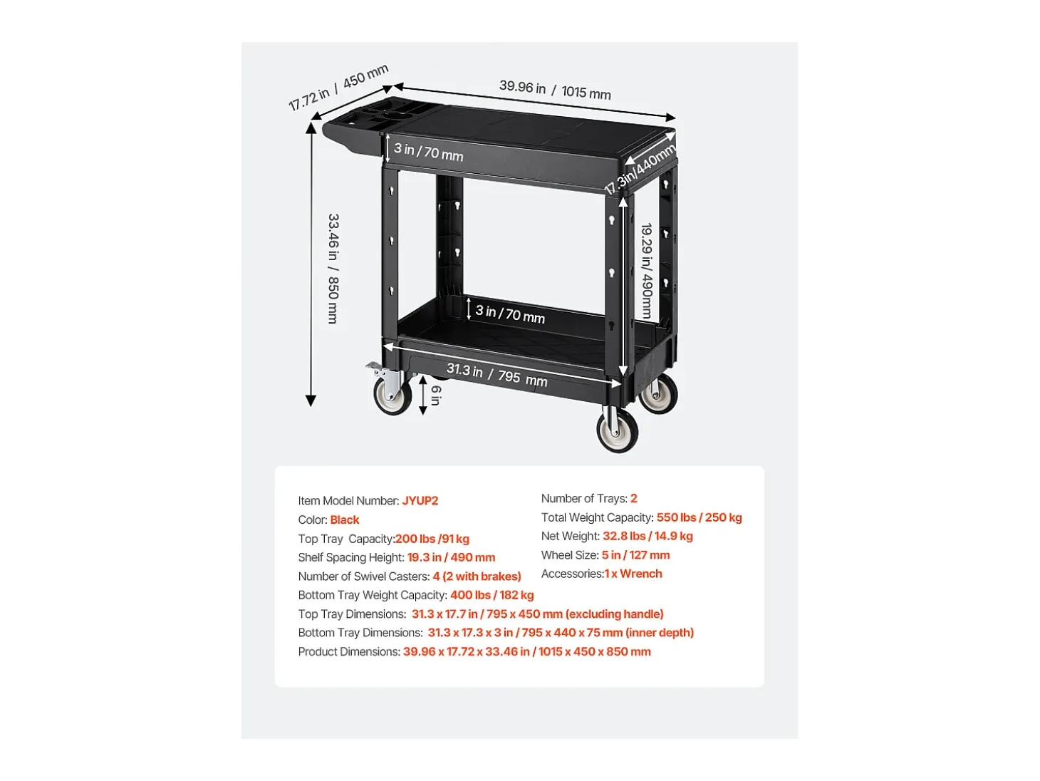 Carro de Servicio SucceBuy Carro Utilitario con Ruedas de Plástico Resistente de 2 Niveles con Ruedas Giratorias de 360° (2 con Frenos), 1015 x 450 x 850 mm