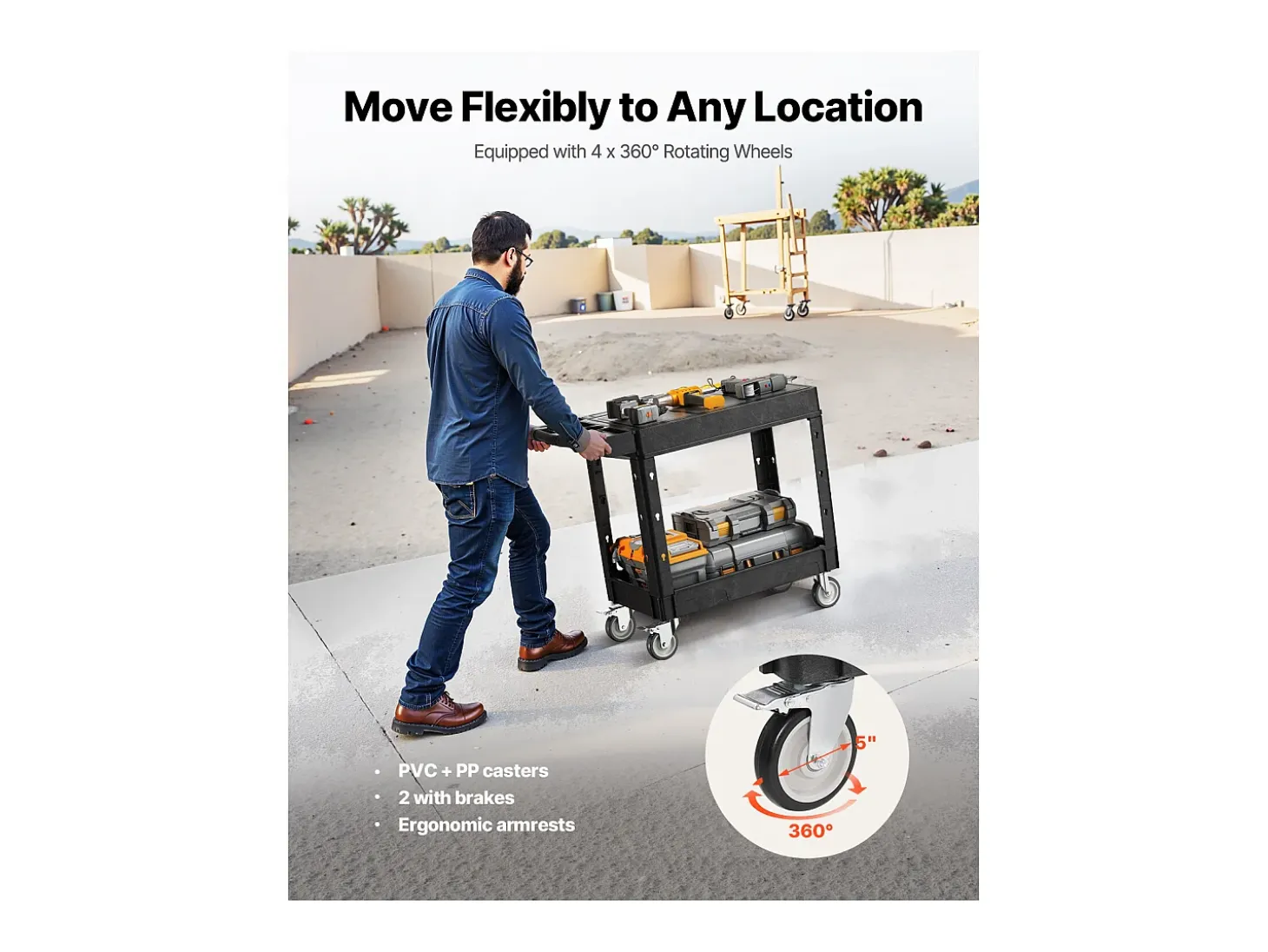 Carro de Servicio SucceBuy Carro Utilitario con Ruedas de Plástico Resistente de 2 Niveles con Ruedas Giratorias de 360° (2 con Frenos), 1015 x 450 x 850 mm