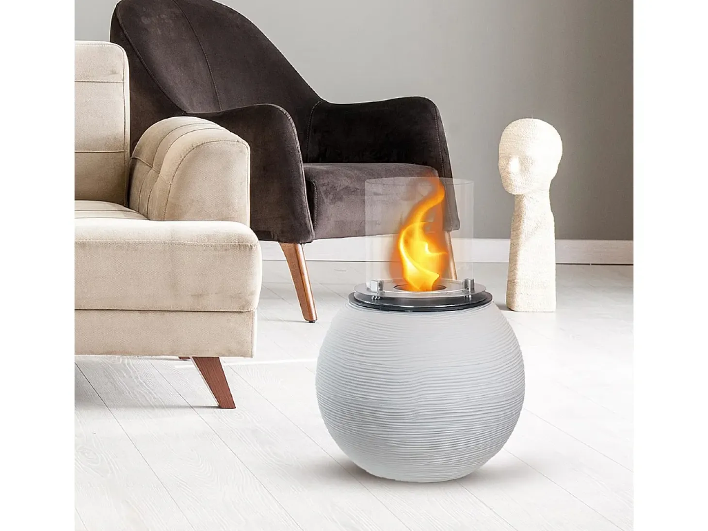 Chimenea de bioetanol, brasero de jardín, de pie, para uso interior y exterior, BOTTICELLI White Pearl, d.40 x h.54