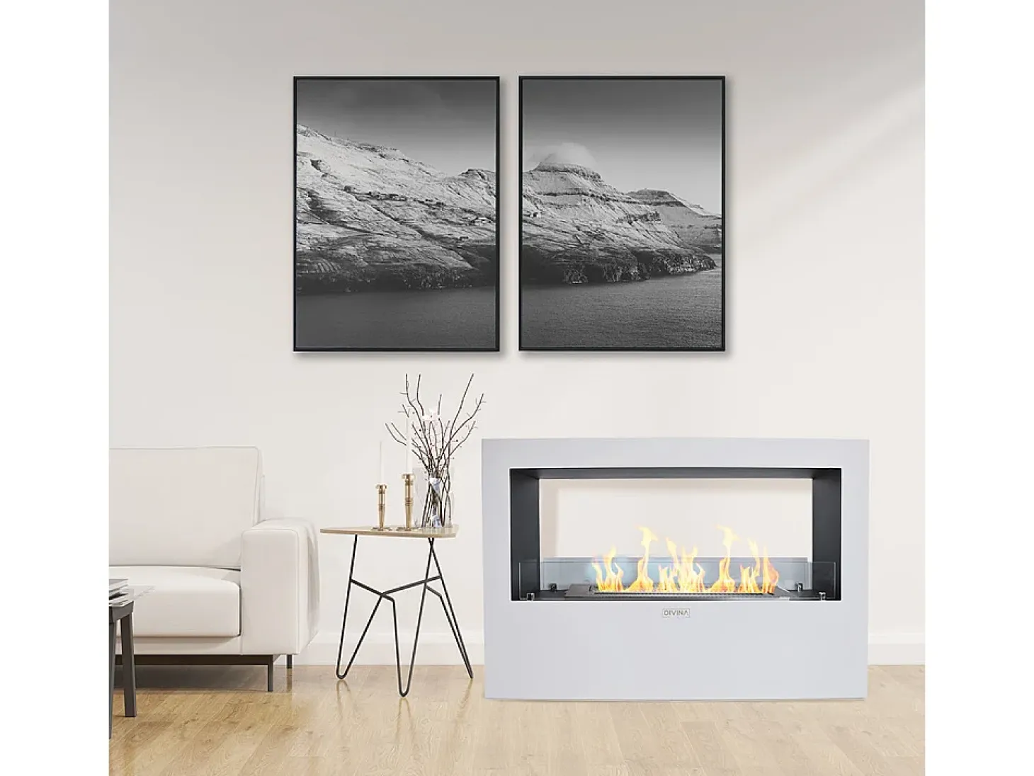 Chimenea de bioetanol de suelo para uso interior y exterior Giotto S Blanco 100x30x70