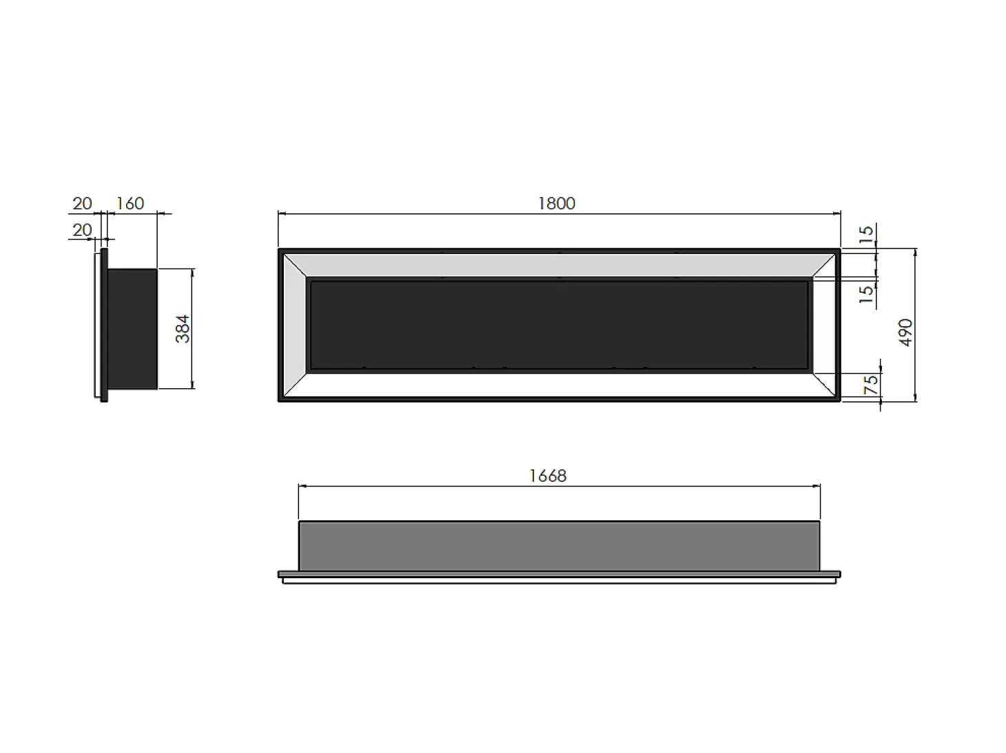 Chimenea de bioetanol Sololed Frame 1800, de pared, con cristal incluido, 3 quemadores de 1 litro - Negro mate