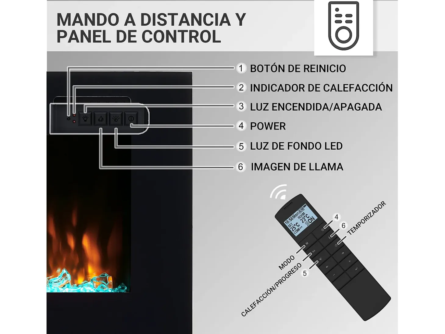 Chimenea eléctrica BALDERIA Fiamma 60 - Chimenea empotrable, calefacción 2000 W - Negro