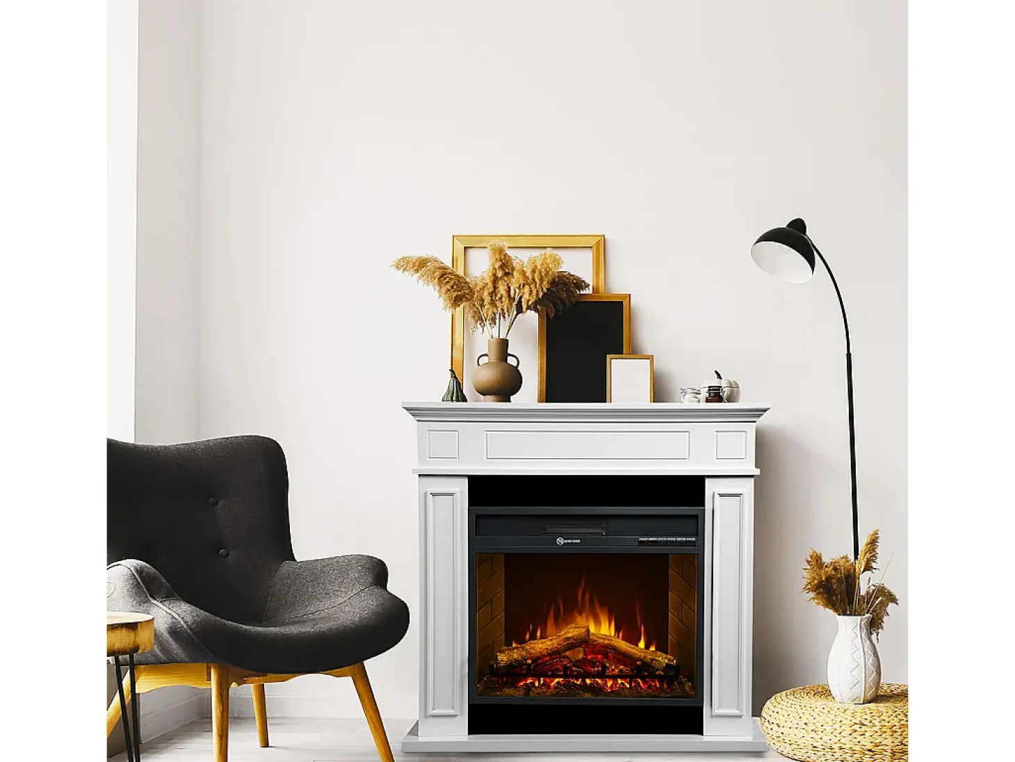 Chimenea eléctrica de pie JEFFERSON en madera blanca L 89,5 x H 90,5 x P 28