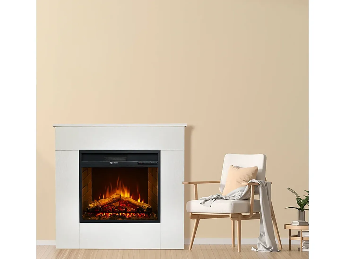 Chimenea eléctrica de pie, madera blanca, Made in Italy, MICHELANGELO, 96x36x90h
