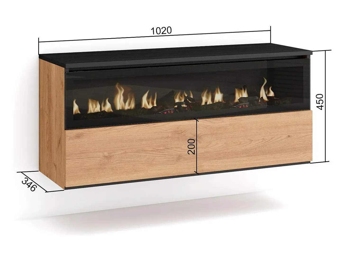 Chimenea eléctrica LED, 102x35x45cm, 1 Hueco, 1 Puerta, Chimenea eléctrica, Colgado, Suspendido, Roble y negro