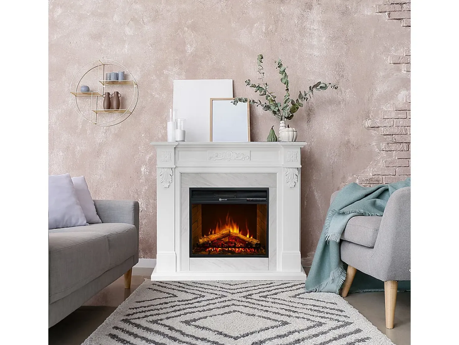 Chimenea eléctrica TRUMAN, chimenea de pie, efecto mármol blanco, L121 x P38 x H108