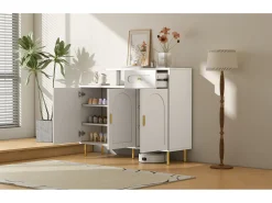 Cómoda / Aparador / Mueble de entrada con 2 estantes abiertos y 4 puertas, MDF, blanco (140x75x35 cm)