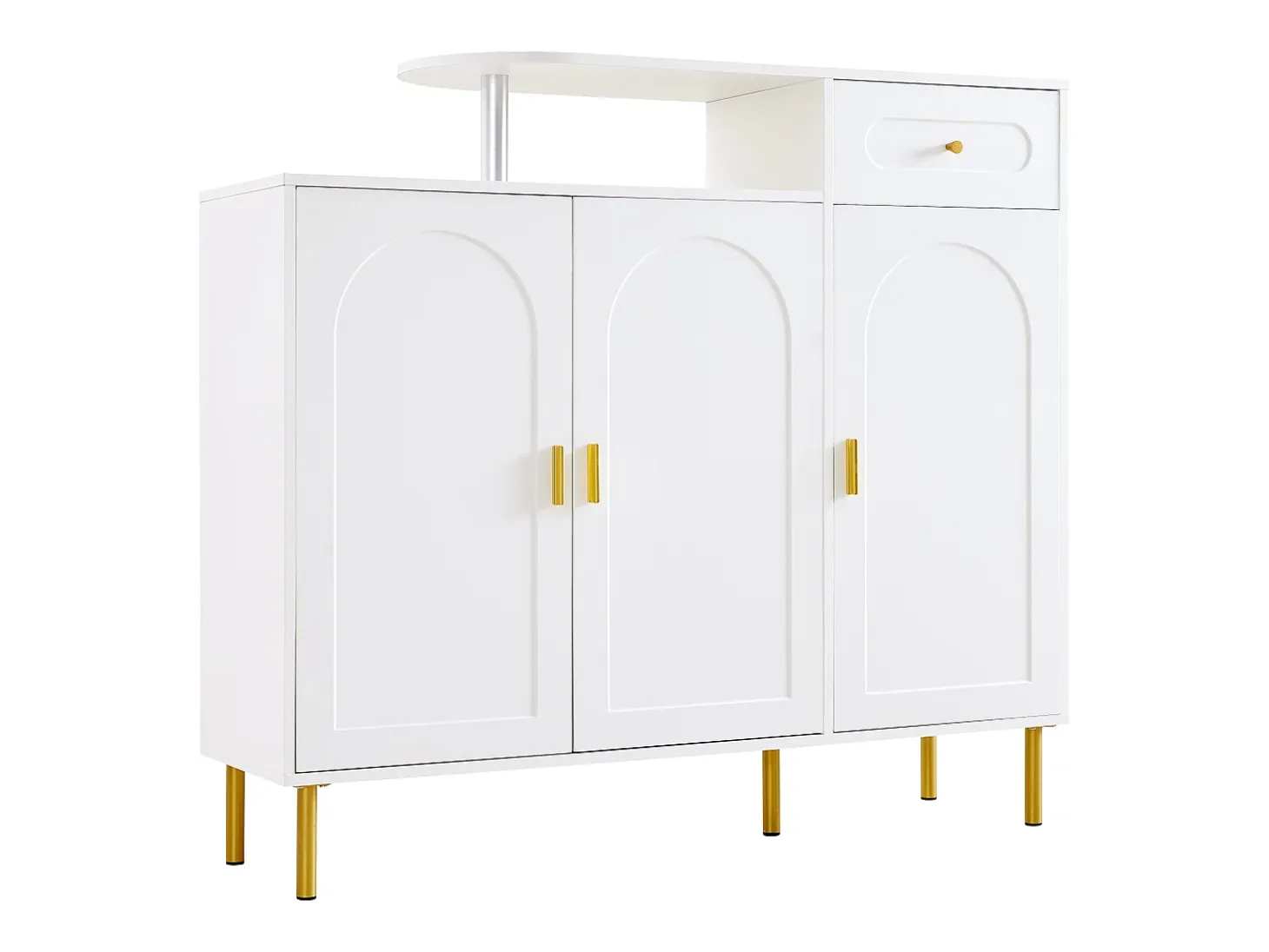 Cómoda / Aparador / Mueble de entrada con 2 estantes abiertos y 4 puertas, MDF, blanco (140x75x35 cm)