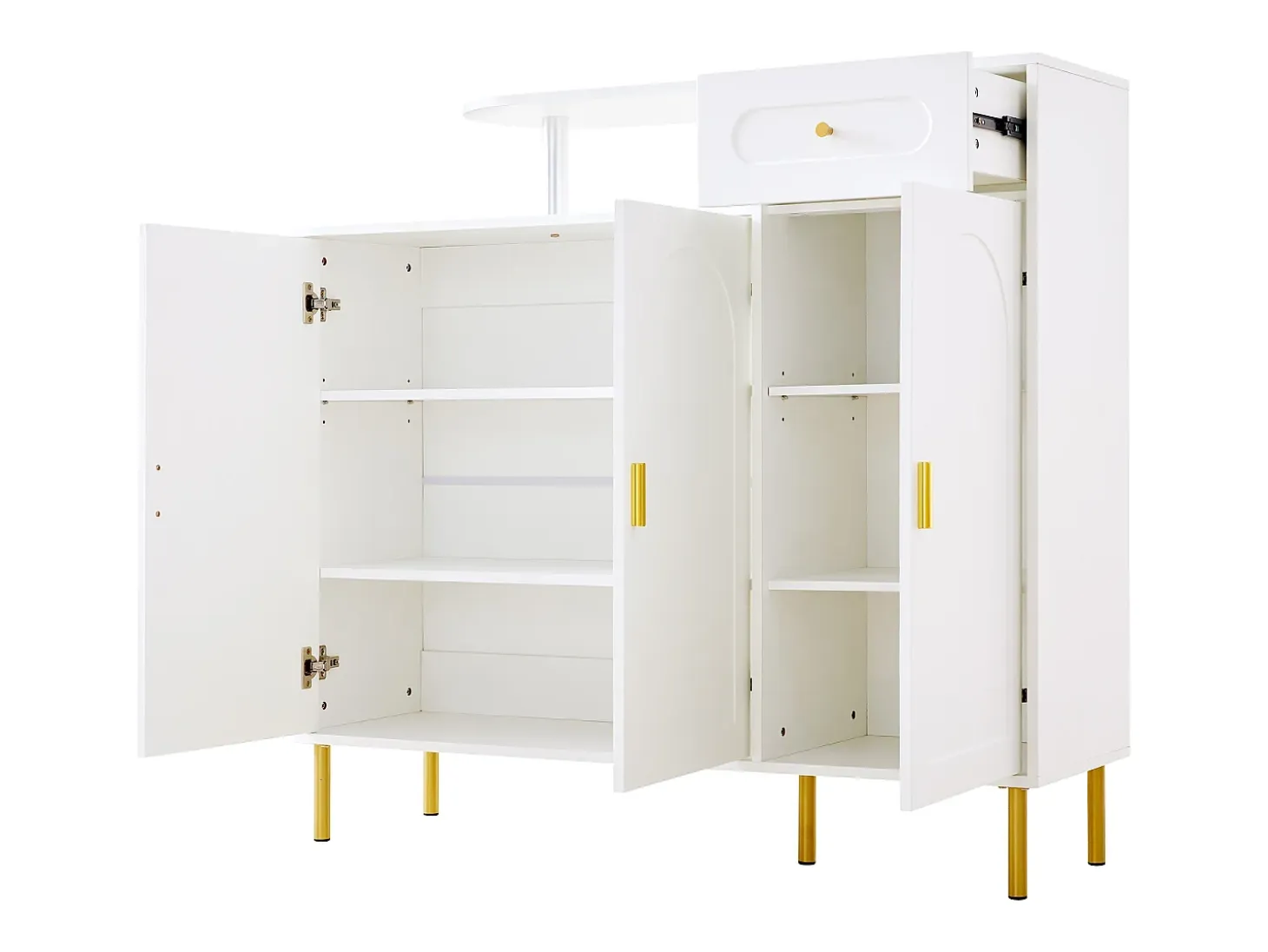Cómoda / Aparador / Mueble de entrada con 2 estantes abiertos y 4 puertas, MDF, blanco (140x75x35 cm)