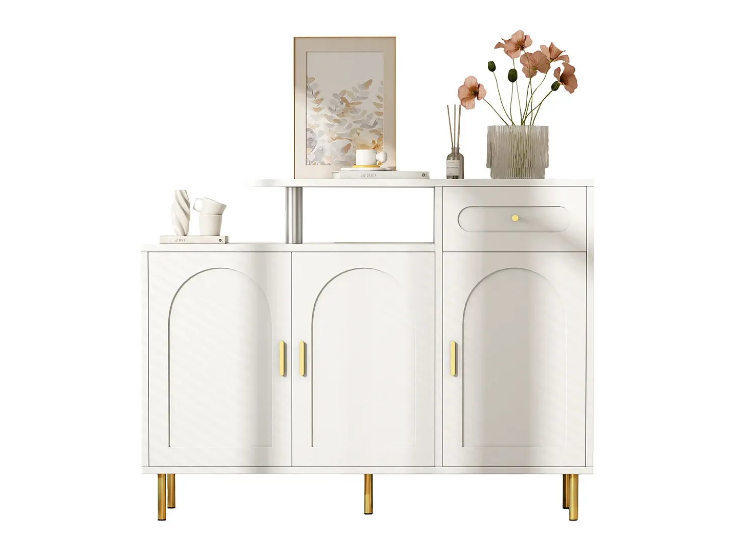 Cómoda / Aparador / Mueble de entrada con 2 estantes abiertos y 4 puertas, MDF, blanco (140x75x35 cm)