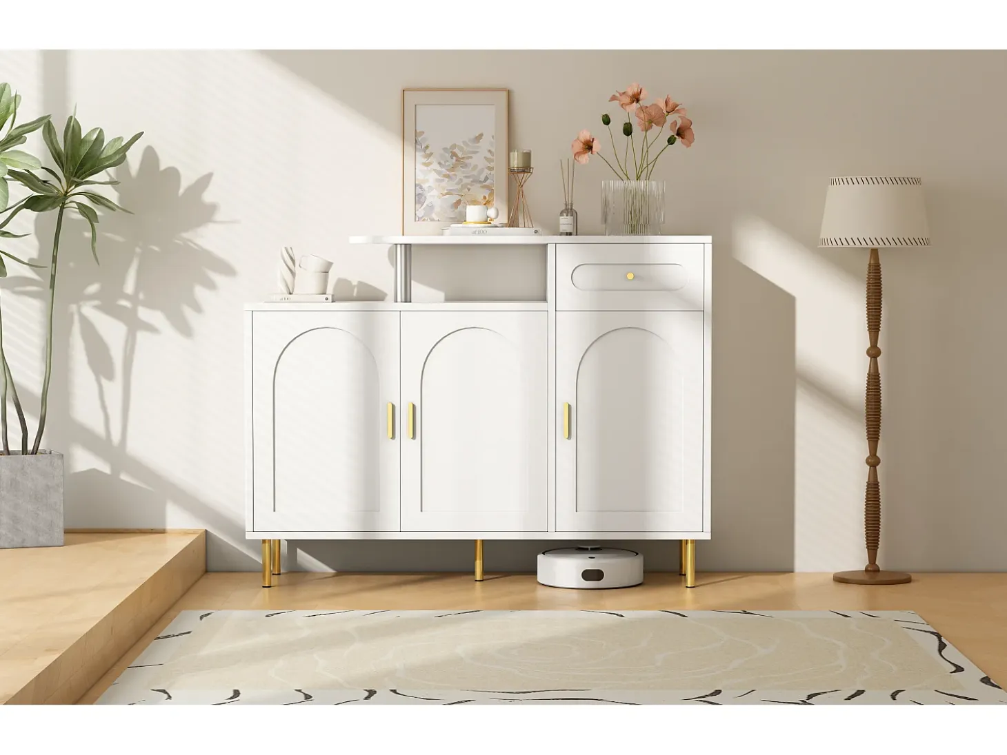 Cómoda / Aparador / Mueble de entrada con 2 estantes abiertos y 4 puertas, MDF, blanco (140x75x35 cm)